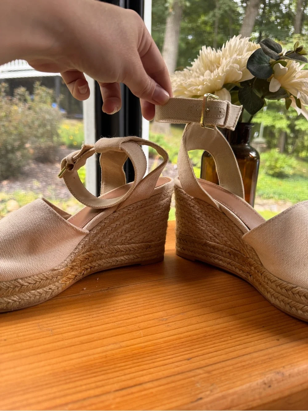 H&M Cream Canvas Espadrille Wedge Sandals with Ankle Strap